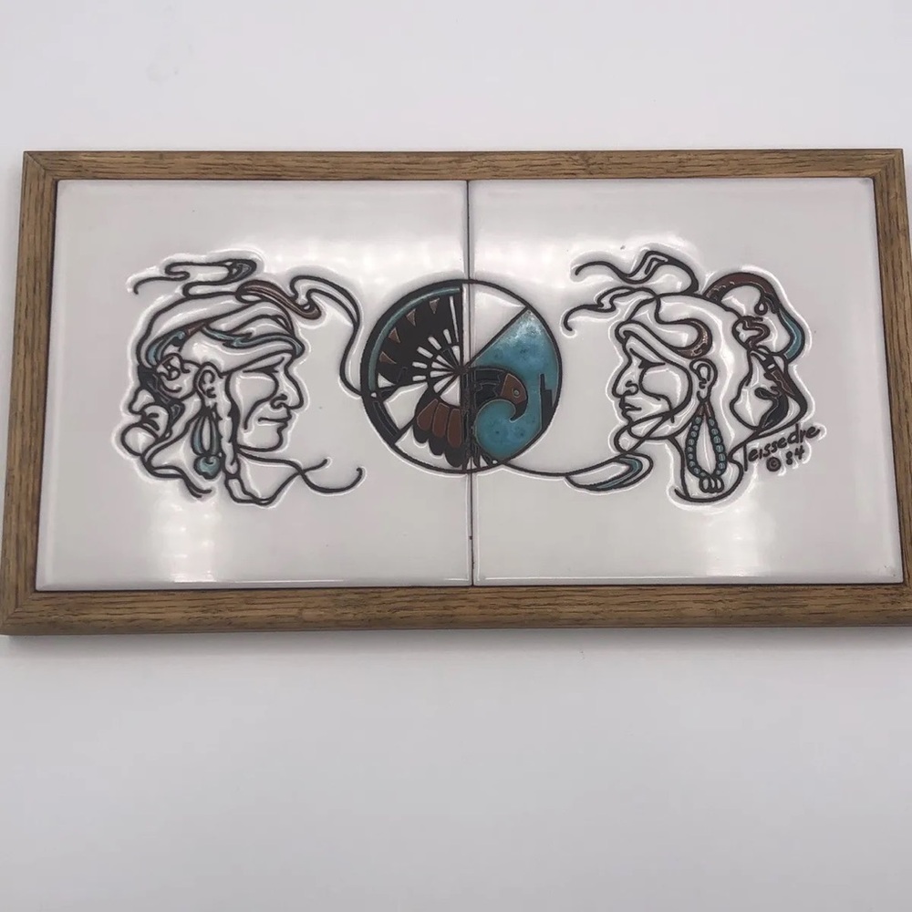 Cleo Teissedre Vintage 1984 Hand Painted Navajo Tiles In Oak Frame